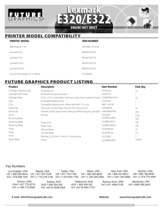 PRINTER MODEL COMPATIBILITY
  PRINTER MODEL                                                                        OEM NUMBER

  IBM Infoprint 1116                                                                   28P2406/12/14/20

  Lexmark E320                                                                         08A4075/6/7/8

  Lexmark E322                                                                         80A4075/6/7/8

  Lexmark E322n                                                                        80A4075/6/7/8

  Lexmark E322tn                                                                       80A4075/6/7/8

  Source Technologies 9116 (MICR)                                                      STI-204500


FUTURE GRAPHICS PRODUCT LISTING
 Produc t                           Description                                                             Item N umb er                 Pack Qt y.
 Cartridge Shipping Strap           Shipping Lock                                                           E320LOCK                      10
 Cartridge Tech Guide               Remanufacturing Instructions                                            E320TECH                      1
 Cartridge Wrap                     9.75 x 12.75 in Gray Open Cell Foam, Grabs Toner Leaked In Transit FOAMWRAP10X13                      10
 Chip                               Compatible Replacement                                                  E320CHIP                      1
 Chip                               Compatible Replacement - Works with IBM 1116 only                       IBM1116CHIP                   1
 Doctor Bar                         Two-Cycle, Double Edge. Flip Over For Second Cycle                      LMKDRBAR                      10
 Doctor Bar                         Prevents Dr. Bar Spring From Falling Out While Shipping Like OEM LMKDRBARTAPE                         100
 Drum                               Sinonar                                                                 E320SNR                       5/50
 Recovery Blade                                                                                             E320RBLADEW                   100
 Retaining Blade                    Toner, Inner                                                            E320RBLADETI                  100
 Retaining Blade                    Toner, Outer                                                            E320RBLADETO                  100
 Toner                              200 gm Bottle                                                           E320TNR200                    10
 Toner                              150 GM Bottle                                                           E320TNR150                    10
 Toner                              Bulk Bag, 22 lb Per-Fil - Box of 1, Sold per Box                        E32010KG                      1
 Wiper Blade                        Kuroki                                                                  E320WBLADEK                   10/240




Fax Numbers
  Los Angeles, USA            Atlanta, USA                  Dallas, USA                       Miami, USA              New York, USA            Sanford, USA
US 1 800 394.9910       US 1 877 337.7976            US 1 877 744.1750                 US 1 800 522.8640         US 1 800 431.8812       US 1 800 786.9049
Int’l + 818 838.7047    Int’l +1 770 516.7794        Int’l +1 972 840.1750             Int’l +1 305 594.3309     Int’l +1 631 345.0690   Int’l +1 919 775.4584
           Toronto, CAN                    Sydney, AUS                        Melbourne, AUS                Buenos Aires, ARG            Montevido, URY
     CAN 1 877 772.6773             AUS 1 800 004.302                   AUS 1 800 004.302                  Int’l +011 4584.3100     Int’l +5982 908.3816
     Int’l +1 905 712.9502          Int’l +62 02 9648.2635              Int’l +62 03 9561.7751



    E-mail: info@futuregraphicsllc.com                                                                    Website:          www.futuregraphicsllc.com
 
