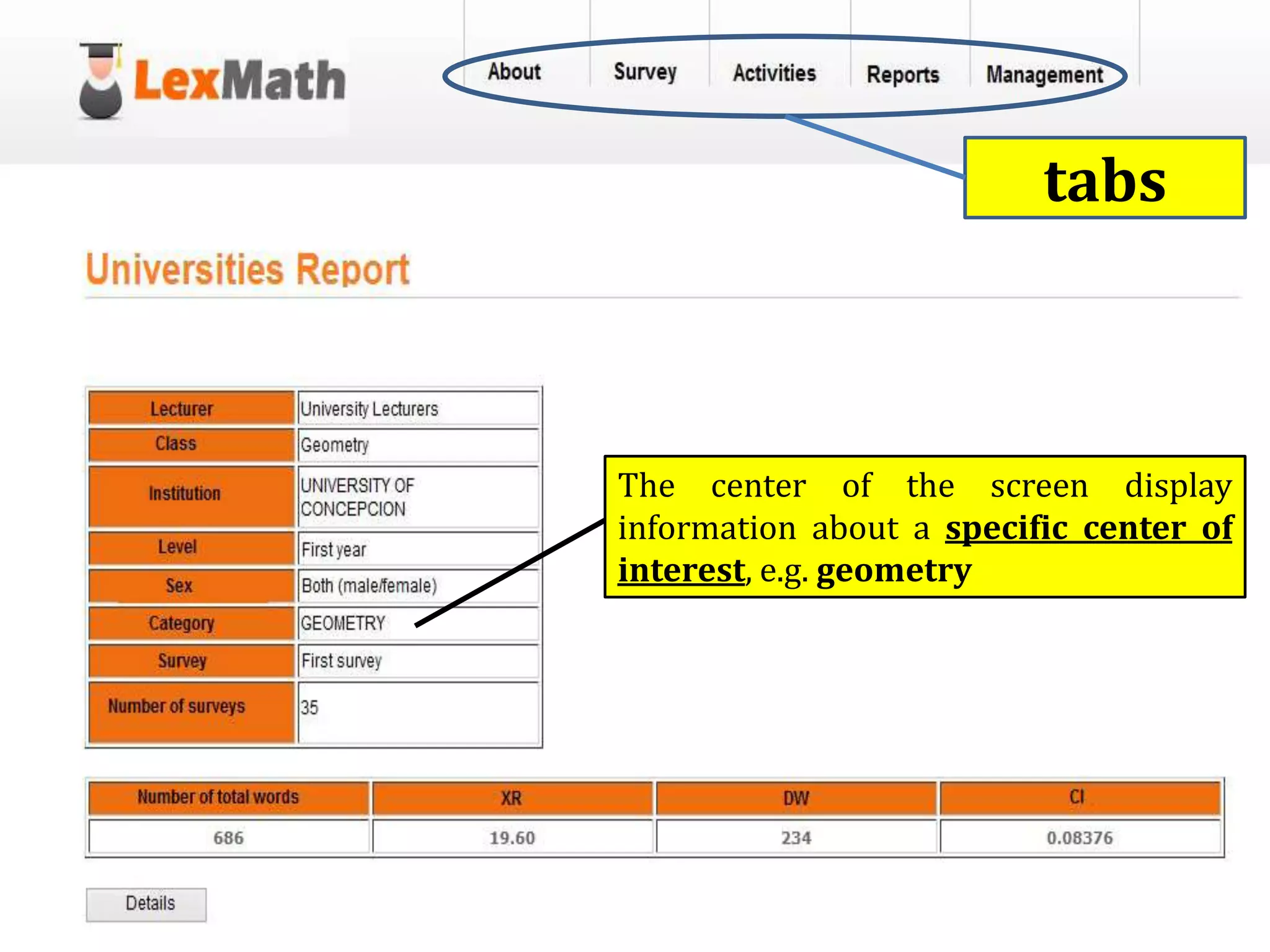 tabs
The center of the screen display
information about a specific center of
interest, e.g. geometry
 
