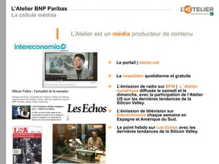 L’Atelier BNP Paribas
  Our work
La cellule médias


                        L’Atelier est un média producteur de contenu



                                     n    Le portail | atelier.net


                                     n    La newsletter quotidienne et gratuite

                                     n    L’émission de radio sur BFM | L Atelier
                                           numérique diffusée le samedi et le
                                           dimanche, avec la participation de l’Atelier
                                           US sur les dernières tendances de la
                                           Silicon Valley.
                                     n    L’émission de télévision sur
                                           Intereconomia chaque semaine en
                                           Espagne et Amérique du Sud.
                                     n    Le point hebdo sur Les Echos avec les
                                           dernières tendances de la Silicon Valley.
 