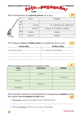ΑΡΧΑΙΑ ΕΛΛΗΝΙΚΗ ΓΛΩΣΣΑ Β΄ ΓΥΜΝΑΣΙΟΥ
- 1 - Σοφία Χαντζή
 Ας συμπληρώσουμε τους αρχικούς χρόνους του ρ. λέγω
 Ας γράψουμε απλές και σύνθετες λέξεις που προέρχονται από το ρ. λέγω
Απλές λέξεις Σύνθετες λέξεις
π.χ. λογικός, λόγος, .......................................
....................................................................................
....................................................................................
....................................................................................
π.χ. επίλογος, αναλογικός, ............................
.....................................................................................
.....................................................................................
.....................................................................................
 Ας συμπληρώσουμε κατάλληλα τον παρακάτω πίνακα
Ρήμα Ουσιαστικό Επίθετο
επιλέγω
συλλογή
εκλογικός
διαλέγω
διάλογος
λογίζομαι
 Στις παρακάτω προτάσεις ας αντικαταστήσουμε τις υπογραμμισμένες φράσεις με άλλες
ίδιας σημασίας που να περιέχουν τη λέξη λόγος
1. Θα μιλήσεις πρώτος στη εκδήλωση για το Ολοκαύτωμα.
.............................................................................................................................................................
2. Μου υποσχέθηκε ότι θα είναι συνεπής στο ραντεβού.
E λέγω λέγομαι
ΠΤ
Μ & ἐρῶ & λεχθήσομαι & ῥηθήσομαι
Α & εἶπον εἰπόμην & ἐλέχθην & ἐρρήθην
ΠΚ εἴρηκα εἴρημαι
Υ εἰρήκειν εἰρήμην
Ο5
???
12
Ο5
Ομάδα:....................................
 