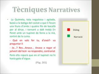 La Quimeta, tota neguitosa i agitada, baixà a la botiga del costat a que li fessin una lliura d’arròs i quatre fils de bacallà per al dinar, i tornant a dalt trobà En Peret amb un tupinet de ferro a la mà, sortint de la cuina . - Què en vols fer tu, d’això?- va preguntar-li - Jo...? Res...Anava... Anava a regar el julivert del test- va respondre, contrariat Però ella reparà que en el tupinet no hi havia gota d’aigua.  (Pàg. 265) Diàleg Narració 