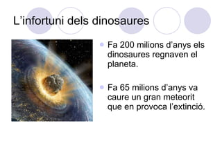 L’infortuni dels dinosaures Fa 200 milions d’anys els dinosaures regnaven el planeta. Fa 65 milions d’anys va caure un gran meteorit que en provoca l’extinció. 