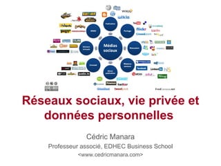 Réseaux sociaux, vie privée et
   données personnelles
                Cédric Manara
    Professeur associé, EDHEC Business School
             <www.cedricmanara.com>
 