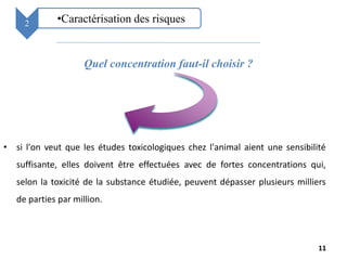 • si l'on veut que les études toxicologiques chez l'animal aient une sensibilité
suffisante, elles doivent être effectuées avec de fortes concentrations qui,
selon la toxicité de la substance étudiée, peuvent dépasser plusieurs milliers
de parties par million.
Quel concentration faut-il choisir ?
•Caractérisation des risques2
11
 