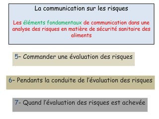 La communication sur les risques
Les éléments fondamentaux de communication dans une
analyse des risques en matière de sécurité sanitaire des
aliments
5– Commander une évaluation des risques
6– Pendants la conduite de l’évaluation des risques
7- Quand l’évaluation des risques est achevée
 