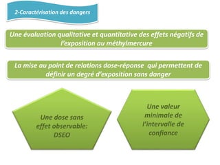 2-Caractérisation des dangers
Une évaluation qualitative et quantitative des effets négatifs de
l’exposition au méthylmercure
La mise au point de relations dose-réponse qui permettent de
définir un degré d’exposition sans danger
Une valeur
minimale de
l’intervalle de
confiance
Une dose sans
effet observable:
DSEO
 
