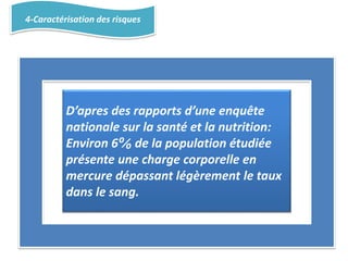 4-Caractérisation des risques
D’apres des rapports d’une enquête
nationale sur la santé et la nutrition:
Environ 6⁰⁄₀ de la population étudiée
présente une charge corporelle en
mercure dépassant légèrement le taux
dans le sang.
 
