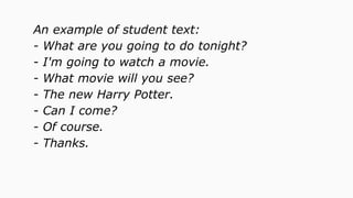 An example of student text:
- What are you going to do tonight?
- I'm going to watch a movie.
- What movie will you see?
- The new Harry Potter.
- Can I come?
- Of course.
- Thanks.
 