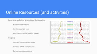 Online Resources (and activities)
Learner’s and other specialized dictionaries
Have clear definitions
Contain example uses
Are often coded for level (ex: CEFR)
Corpora
Can find common collocations
Can find MANY example uses
Can compare expressions
 