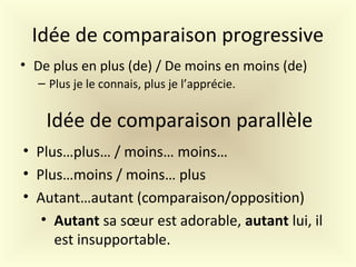 Idée de comparaison progressive
• De plus en plus (de) / De moins en moins (de)
– Plus je le connais, plus je l’apprécie.
Idée de comparaison parallèle
• Plus…plus… / moins… moins…
• Plus…moins / moins… plus
• Autant…autant (comparaison/opposition)
• Autant sa sœur est adorable, autant lui, il
est insupportable.
 