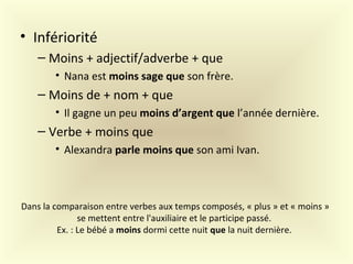 Dans la comparaison entre verbes aux temps composés, « plus » et « moins »
se mettent entre l'auxiliaire et le participe passé.
Ex. : Le bébé a moins dormi cette nuit que la nuit dernière.
• Infériorité
– Moins + adjectif/adverbe + que
• Nana est moins sage que son frère.
– Moins de + nom + que
• Il gagne un peu moins d’argent que l’année dernière.
– Verbe + moins que
• Alexandra parle moins que son ami Ivan.
 