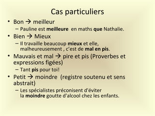 Cas particuliers
• Bon  meilleur
– Pauline est meilleure en maths que Nathalie.
• Bien  Mieux
– Il travaille beaucoup mieux et elle,
malheureusement , c’est de mal en pis.
• Mauvais et mal  pire et pis (Proverbes et
expressions figées)
– Tant pis pour toi!
• Petit  moindre (registre soutenu et sens
abstrait)
– Les spécialistes préconisent d'éviter
la moindre goutte d'alcool chez les enfants.
 