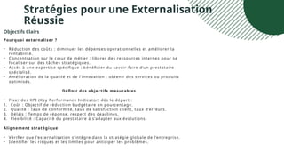 Stratégies pour une Externalisation
Réussie
Objectifs Clairs
Pourquoi externaliser ?
• Réduction des coûts : diminuer les dépenses opérationnelles et améliorer la
rentabilité.
• Concentration sur le cœur de métier : libérer des ressources internes pour se
focaliser sur des tâches stratégiques.
• Accès à une expertise spécifique : bénéficier du savoir-faire d’un prestataire
spécialisé.
• Amélioration de la qualité et de l’innovation : obtenir des services ou produits
optimisés.
Définir des objectifs mesurables
• Fixer des KPI (Key Performance Indicator) dès le départ :
1. Coût : Objectif de réduction budgétaire en pourcentage.
2. Qualité : Taux de conformité, taux de satisfaction client, taux d’erreurs.
3. Délais : Temps de réponse, respect des deadlines.
4. Flexibilité : Capacité du prestataire à s’adapter aux évolutions.
Alignement stratégique
• Vérifier que l’externalisation s’intègre dans la stratégie globale de l’entreprise.
• Identifier les risques et les limites pour anticiper les problèmes.
 