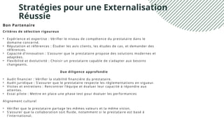 Stratégies pour une Externalisation
Réussie
Bon Partenaire
Critères de sélection rigoureux
• Expérience et expertise : Vérifier le niveau de compétence du prestataire dans le
domaine concerné.
• Réputation et références : Étudier les avis clients, les études de cas, et demander des
références.
• Capacité d’innovation : S’assurer que le prestataire propose des solutions modernes et
adaptées.
• Flexibilité et évolutivité : Choisir un prestataire capable de s’adapter aux besoins
changeants.
Due diligence approfondie
• Audit financier : Vérifier la stabilité financière du prestataire.
• Audit juridique : S’assurer que le prestataire respecte les réglementations en vigueur.
• Visites et entretiens : Rencontrer l’équipe et évaluer leur capacité à répondre aux
attentes.
• Essai pilote : Mettre en place une phase test pour évaluer les performances
Alignement culturel
• Vérifier que le prestataire partage les mêmes valeurs et la même vision.
• S’assurer que la collaboration soit fluide, notamment si le prestataire est basé à
l’international.
 