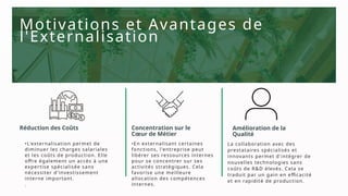 Motivations et Avantages de
l'Externalisation
Concentration sur le
Cœur de Métier
Réduction des Coûts Amélioration de la
Qualité
•L'externalisation permet de
diminuer les charges salariales
et les coûts de production. Elle
offre également un accès à une
expertise spécialisée sans
nécessiter d'investissement
interne important.
.
•En externalisant certaines
fonctions, l'entreprise peut
libérer ses ressources internes
pour se concentrer sur ses
activités stratégiques. Cela
favorise une meilleure
allocation des compétences
internes.
La collaboration avec des
prestataires spécialisés et
innovants permet d'intégrer de
nouvelles technologies sans
coûts de R&D élevés. Cela se
traduit par un gain en efficacité
et en rapidité de production.
 