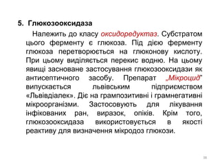 5. Глюкозооксидаза
Належить до класу оксидоредуктаз. Субстратом
цього ферменту є глюкоза. Під дією ферменту
глюкоза перетворюється на глюконову кислоту.
При цьому виділяється перекис водню. На цьому
явищі засноване застосування глюкозооксидази як
антисептичного засобу. Препарат „Мікроцид”
випускається львівським підприємством
«Львівдіалек». Діє на грампозитивні і грамнегативні
мікроорганізми. Застосовують для лікування
інфікованих ран, виразок, опіків. Крім того,
глюкозооксидаза використовується в якості
реактиву для визначення мікродоз глюкози.
38
 