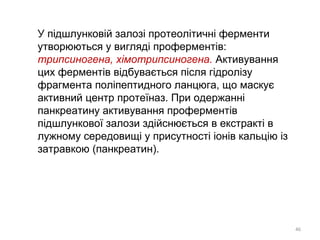 У підшлунковій залозі протеолітичні ферменти
утворюються у вигляді проферментів:
трипсиногена, хімотрипсиногена. Активування
цих ферментів відбувається після гідролізу
фрагмента поліпептидного ланцюга, що маскує
активний центр протеїназ. При одержанні
панкреатину активування проферментів
підшлункової залози здійснюється в екстракті в
лужному середовищі у присутності іонів кальцію із
затравкою (панкреатин).
46
 