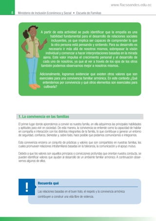 8 Ministerio de Inclusión Económica y Social • Escuela de Familias
A partir de esta actividad se pudo identiﬁcar que la empatía es una
habilidad fundamental para el desarrollo de relaciones sociales
incluyentes, ya que implica ser capaces de comprender lo que
la otra persona está pensando y sintiendo. Para su desarrollo es
necesario ir más allá de nosotros mismos, sobrepasar la visión
individual y comenzar a hacer interpretaciones basadas en la mirada
ajena. Este valor impulsa el crecimiento personal y el desarrollo de
cada uno de nosotros, ya que al ver a través de los ojos de los otros
también podemos observarnos mejor a nosotros mismos.
Adicionalmente, logramos evidenciar que existen otros valores que son
esenciales para una convivencia familiar armónica. En este contexto ¿Qué
entendemos por convivencia y qué otros elementos son esenciales para
cultivarla?
1. La convivencia en las familias
El primer lugar donde aprendemos a convivir es nuestra familia, en ella adquirimos las principales habilidades
y aptitudes para vivir en sociedad. De esta manera, la convivencia se entiende como la capacidad de habitar
en compañía e interacción con los distintos integrantes de la familia, lo que contribuye a generar un entorno
de seguridad, conﬁanza, bienestar y, sobre todo, hace posible que podamos comunicarnos e integrarnos.
Esta convivencia encierra un conjunto de prácticas y valores que son compartidos en nuestras familias, los
cuales promueven relaciones intrafamiliares basadas en la tolerancia, la comunicación y el apoyo mutuo.
Debido a que los valores son aquellos principios o convicciones profundas que orientan nuestra conducta, se
pueden identiﬁcar valores que ayudan al desarrollo de un ambiente familiar armónico. A continuación obser-
vemos algunos de ellos.
Recuerda qué
Las relaciones basadas en el buen trato, el respeto y la convivencia armónica
contribuyen a construir una vida libre de violencia.
!
www.flacsoandes.edu.ec
 