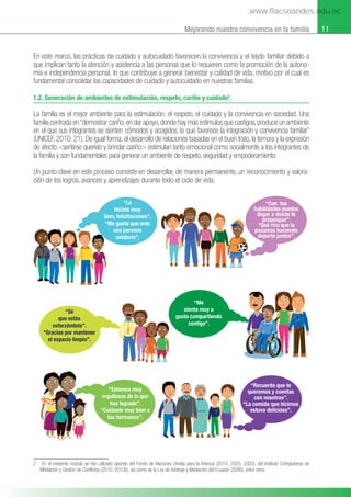 11
Mejorando nuestra convivencia en la familia
En este marco, las prácticas de cuidado y autocuidado favorecen la convivencia y el tejido familiar debido a
que implican tanto la atención y asistencia a las personas que lo requieren como la promoción de la autono-
mía e independencia personal, lo que contribuye a generar bienestar y calidad de vida, motivo por el cual es
fundamental consolidar las capacidades de cuidado y autocuidado en nuestras familias.
2 En el presente módulo se han utilizado aportes del Fondo de Naciones Unidas para la Infancia (2010, 2003, 2003), del Instituto Complutense de
Mediación y Gestión de Conflictos (2010, 2010b), así como de la Ley de Arbitraje y Mediación del Ecuador (2006), entre otros.
1.2. Generación de ambientes de estimulación, respeto, cariño y cuidado2
.
La familia es el mejor ambiente para la estimulación, el respeto, el cuidado y la convivencia en sociedad. Una
familia centrada en“demostrar cariño,en dar apoyo,donde hay más estímulos que castigos,produce un ambiente
en el que sus integrantes se sienten cómodos y acogidos, lo que favorece la integración y convivencia familiar”
(UNICEF, 2010: 21). De igual forma, el desarrollo de relaciones basadas en el buen trato, la ternura y la expresión
de afecto <sentirse querido y brindar cariño> estimulan tanto emocional como socialmente a los integrantes de
la familia y son fundamentales para generar un ambiente de respeto, seguridad y empoderamiento.
Un punto clave en este proceso consiste en desarrollar, de manera permanente, un reconocimiento y valora-
ción de los logros, avances y aprendizajes durante todo el ciclo de vida.
“Lo
hiciste muy
bien, felicitaciones”.
“Me gusta que eres
una persona
solidaria”.
“Sé
que estás
esforzándote”.
“Gracias por mantener
el espacio limpio”.
“Estamos muy
orgullosos de lo que
has logrado”.
“Cuidaste muy bien a
tus hermanos”.
“Me
siento muy a
gusto compartiendo
contigo”.
“Con tus
habilidades puedes
llegar a donde te
propongas”.
“Qué rico que la
pasamos haciendo
deporte juntos”.
“Recuerda que te
queremos y cuentas
con nosotros”.
“La comida que hicimos
estuvo deliciosa”.
www.flacsoandes.edu.ec
 