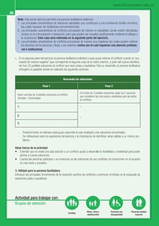 20 Ministerio de Inclusión Económica y Social • Escuela de Familias
20
Nota: Este primer ejercicio permitirá a la persona facilitadora evidenciar:
1) Las principales características de relaciones saludables que contribuyen a una convivencia familiar armónica,
las cuales requieren ser fortalecidas permanentemente;
2) Las principales características de conﬂictos procesados de manera no saludables, donde existen diﬁcultades
(nudos) en la comunicación e interacción, pero que pueden ser resueltos pacíﬁcamente mediante el diálogo y
la cooperación (Este caso será retomado en la siguiente parte del ejercicio);
3) Las principales características de conﬂictos procesados de manera muy negativas, los cuales pueden vulnerar
los derechos de las personas y llegar a ser violentos, motivo por el cual requieren una atención profesio-
nal e institucional.
c. En la segunda parte del ejercicio, la persona facilitadora solicitará a cada grupo retomar el conﬂicto cuando es “pro-
cesado de manera negativa” (que corresponde al segundo caso de la matriz anterior), a partir del cual se identiﬁca-
rán tres (3) posibles soluciones al conﬂicto que sean justas y equitativas. Para su desarrollo, la persona facilitadora
entregará un papelote donde se realizarán las siguientes acciones:
Actividad para trabajar con:
Grupos de atención
Familias
Niñas, niños y
adolescentes
Personas con
discapacidad
Personas adultas
mayores
Buscando las soluciones
Paso 1 Paso 2
Hacer una lista de 3 posibles soluciones al conﬂicto
(Ventajas - Desventajas)
De la lista de 3 posibles soluciones, elegir las 2 opciones
que consideren las más justas y equitativas para las partes
en conﬂicto.
1. -
-
2.
3.
- Posteriormente, en plenaria cada grupo expondrá el caso analizado y las soluciones encontradas.
- Se reﬂexionará sobre la experiencia del ejercicio y la importancia de identiﬁcar varias salidas a un mismo pro-
blema.
Ideas fuerza de la actividad
• Entender que no existe una sola solución a un conﬂicto ayuda a desarrollar la ﬂexibilidad y creatividad para poder
abrirse a nuevas soluciones.
• Cuando las personas participan y se involucran en las soluciones de sus conﬂictos, el compromiso en el acuerdo
es más fuerte y duradero.
3. Utilidad para la persona facilitadora
Introducir las principales herramientas de la resolución pacíﬁca de conﬂictos y promover el énfasis en la búsqueda de
soluciones justas y equitativas.
www.flacsoandes.edu.ec
 