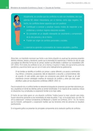 22 Ministerio de Inclusión Económica y Social • Escuela de Familias
Ahora bien, es importante reconocer que frente a una misma situación es usual que las personas presenten
distintos intereses, deseos y decisiones, puesto que la diversidad de experiencias e historias de vida de cada
uno explican las diferentes formas de ser, pensar, resolver sus diﬁcultades o satisfacer sus necesidades (UNI-
CEF, 2003). Por lo tanto, los conﬂictos no son, en sí mismos, ni buenos ni malos, sino que la forma como los
percibimos y asumimos tienen que ver con el modo como habitualmente los gestionamos.
En las familias se identifica el conflicto con pensar u opinar diferente y se asocia a sentimientos
muy íntimos: a tensiones, acusaciones, falta de disposición a escuchar, a comprometerse, falta
de acuerdo. En este sentido, para lograr una convivencia sana dentro del hogar es de vital
importancia conocer estrategias creativas de resolución de conflicto y, antes que todo, saber
identificar cuáles son las situaciones conflictivas (UNICEF, 2003: 5).
Para la resolución de un conﬂicto familiar es relevante la búsqueda de consensos que permitan soluciones jus-
tas y equitativas en donde las distintas partes se sientan beneﬁciadas. En la mayoría de las ocasiones, incluso
en situaciones muy complicadas, la cooperación familiar es la mejor salida.
El hecho de que todos ganen en una situación conﬂictiva “implica buscar la mejor solución para todos,
buscar soluciones pensando en las necesidades de todas las partes. Y eso, no lo puede hacer uno sólo. De
ahí la colaboración” (Instituto Complutense de Mediación y Gestión de Conﬂictos, 2010: 19). De manera
que la inclusión, participación y cooperación facilitan que las tensiones entre las personas se resuelvan
paciﬁcamente.
En el siguiente gráﬁco se presentan los principales componentes de la resolución pacíﬁca de conﬂictos:
Actualmente, se concibe que los conﬂictos no solo son inevitables, sino que
además NO deben interpretarse, por sí mismos, como algo negativo. De
hecho, los conﬂictos tienen aspectos que son positivos:
• Contribuyen a conocer y practicar nuevos modos de responder a los
problemas y construir mejores relaciones sociales.
• Se convierten en un desafío interesante de crecimiento y comprensión
de la otra persona y de sí mismo.
• Pueden ser origen de cambios personales y sociales.
Lo esencial es aprender a procesarlos de manera saludable y pacíﬁca.
www.flacsoandes.edu.ec
 