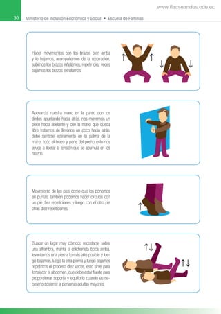 30 Ministerio de Inclusión Económica y Social • Escuela de Familias
Hacer movimientos con los brazos bien arriba
y lo bajamos, acompañarnos de la respiración,
subimos los brazos inhalamos, repetir diez veces
bajamos los brazos exhalamos.
Buscar un lugar muy cómodo recostarse sobre
una alfombra, manta o colchoneta boca arriba,
levantamos una pierna lo más alto posible y lue-
go bajamos, luego la otra pierna y luego bajamos
repetimos el proceso diez veces, esto sirve para
fortalecer el abdomen, que debe estar fuerte para
proporcionar soporte y equilibrio cuando es ne-
cesario sostener a personas adultas mayores.
Apoyando nuestra mano en la pared con los
dedos apuntando hacia atrás, nos movemos un
poco hacia adelante y con la mano que queda
libre tratamos de llevarlos un poco hacia atrás,
debe sentirse estiramiento en la palma de la
mano, todo el brazo y parte del pecho esto nos
ayuda a liberar la tensión que se acumula en los
brazos.
Movimiento de los pies como que los ponemos
en puntas, también podemos hacer círculos con
un pie diez repeticiones y luego con el otro pie
otras diez repeticiones.
www.flacsoandes.edu.ec
 