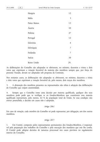 29.12.2006    PT                     Jornal Oficial da União Europeia                C 321 E/137


                       Hungria                                          12

                       Malta                                             3

                       Países Baixos                                    13

                       Áustria                                          10

                       Polónia                                          27

                       Portugal                                         12

                       Eslovénia                                         4

                       Eslováquia                                        7

                       Finlândia                                         7

                       Suécia                                           10

                       Reino Unido                                      29.

As deliberações do Conselho são adoptadas se obtiverem, no mínimo, duzentos e trinta e dois
votos que exprimam a votação favorável da maioria dos membros sempre que, por força do
presente Tratado, devam ser adoptadas sob proposta da Comissão.

Nos restantes casos, as deliberações são adoptadas se obtiverem, no mínimo, duzentos e trinta
e dois votos que exprimam a votação favorável de, pelo menos, dois terços dos membros.

3.   A abstenção dos membros presentes ou representados não obsta à adopção das deliberações
do Conselho que exijam unanimidade.

4.      Sempre que o Conselho tome uma decisão por maioria qualificada, qualquer dos seus
membros pode pedir que se verifique se os Estados-Membros que constituem essa maioria
qualificada representam, pelo menos, 62 % da população total da União. Se essa condição não
estiver preenchida, a decisão em causa não é adoptada.

                                             Artigo 206.o

Em caso de votação, cada membro do Conselho só pode representar, por delegação, um dos outros
membros.

                                             Artigo 207.o

1.     Um Comité, composto pelos representantes permanentes dos Estados-Membros, é responsá-
vel pela preparação dos trabalhos do Conselho e pela execução dos mandatos que este lhe confia.
O Comité pode adoptar decisões de natureza processual nos casos previstos no regulamento
interno do Conselho.
 
