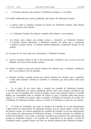 C 321 E/154    PT                  Jornal Oficial da União Europeia                    29.12.2006


2.     A Comissão apresenta uma proposta ao Parlamento Europeu e ao Conselho.


O Conselho, deliberando por maioria qualificada, após parecer do Parlamento Europeu:


—    se aprovar todas as emendas constantes do parecer do Parlamento Europeu, pode adoptar
     o acto proposto assim alterado,


—    se o Parlamento Europeu não propuser emendas, pode adoptar o acto proposto,


—    nos demais casos, adopta uma posição comum e transmite‑a ao Parlamento Europeu.
     O Conselho informa plenamente o Parlamento Europeu das razões que o conduziram
     a adoptar a posição comum. A Comissão informa plenamente o Parlamento Europeu da sua
     posição.


Se, no prazo de três meses após essa comunicação, o Parlamento Europeu:


a)   Aprovar a posição comum ou não se tiver pronunciado, considera‑se que o acto em causa foi
     adoptado nos termos dessa posição comum;


b)   Rejeitar a posição comum por maioria absoluta dos membros que o compõem, considera‑se
     que o acto proposto não foi adoptado;


c)   Propuser emendas à posição comum por maioria absoluta dos membros que o compõem,
     o texto assim alterado é enviado ao Conselho e à Comissão, que emite parecer sobre essas
     emendas.


3.     Se, no prazo de três meses após a recepção das emendas do Parlamento Europeu,
o Conselho, deliberando por maioria qualificada, aprovar todas essas emendas, considera‑se que
o acto em causa foi adoptado sob a forma da posição comum assim alterada; todavia, o Conselho
delibera por unanimidade sobre as emendas em relação às quais a Comissão tenha dado parecer
negativo. Se o Conselho não aprovar todas as emendas, o Presidente do Conselho, de acordo com
o Presidente do Parlamento Europeu, convoca o Comité de Conciliação no prazo de seis semanas.


4.     O Comité de Conciliação, que reúne os membros do Conselho ou os seus representantes
e igual número de representantes do Parlamento Europeu, tem por missão chegar a acordo sobre
um projecto comum, por maioria qualificada dos membros do Conselho ou dos seus representantes
e por maioria dos representantes do Parlamento Europeu. A Comissão participa nos trabalhos do
Comité de Conciliação e toma todas as iniciativas necessárias para promover uma aproximação das
posições do Parlamento Europeu e do Conselho. No cumprimento da sua missão, o Comité de
Conciliação analisa a posição comum com base nas emendas propostas pelo Parlamento Europeu.
 