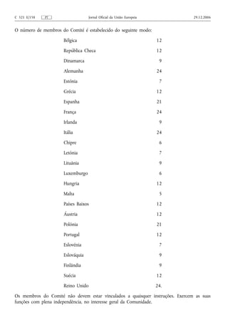 C 321 E/158   PT                    Jornal Oficial da União Europeia           29.12.2006


O número de membros do Comité é estabelecido do seguinte modo:

                      Bélgica                                          12

                      República Checa                                  12

                      Dinamarca                                         9

                      Alemanha                                         24

                      Estónia                                           7

                      Grécia                                           12

                      Espanha                                          21

                      França                                           24

                      Irlanda                                           9

                      Itália                                           24

                      Chipre                                            6

                      Letónia                                           7

                      Lituânia                                          9

                      Luxemburgo                                        6

                      Hungria                                          12

                      Malta                                             5

                      Países Baixos                                    12

                      Áustria                                          12

                      Polónia                                          21

                      Portugal                                         12

                      Eslovénia                                         7

                      Eslováquia                                        9

                      Finlândia                                         9

                      Suécia                                           12

                      Reino Unido                                      24.

Os membros do Comité não devem estar vinculados a quaisquer instruções. Exercem as suas
funções com plena independência, no interesse geral da Comunidade.
 