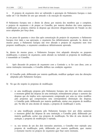29.12.2006        PT                    Jornal Oficial da União Europeia                   C 321 E/165


4.     O projecto de orçamento deve ser submetido à apreciação do Parlamento Europeu o mais
tardar até 5 de Outubro do ano que antecede o da execução do orçamento.


O Parlamento Europeu tem o direito de alterar, por maioria dos membros que o compõem,
o projecto de orçamento e de propor ao Conselho, por maioria absoluta dos votos expressos,
modificações ao projecto, relativas às despesas que decorrem obrigatoriamente do Tratado ou dos
actos adoptados por força deste.


Se, no prazo de quarenta e cinco dias após comunicação do projecto de orçamento, o Parlamento
Europeu tiver dado a sua aprovação, o orçamento fica definitivamente aprovado. Se, dentro do
mesmo prazo, o Parlamento Europeu não tiver alterado o projecto de orçamento nem tiver
proposto modificações, o orçamento considera‑se definitivamente aprovado.


Se, dentro do mesmo prazo, o Parlamento Europeu tiver adoptado alterações ou proposto
modificações, o projecto de orçamento, assim alterado ou incluindo as propostas de modificação,
é transmitido ao Conselho.


5.     Após discussão do projecto de orçamento com a Comissão e, se for caso disso, com as
outras instituições interessadas, o Conselho delibera nas condições seguintes:


a)   O Conselho pode, deliberando por maioria qualificada, modificar qualquer uma das alterações
     adoptadas pelo Parlamento Europeu;


b)   No que diz respeito às propostas de modificação:


     —       se uma modificação proposta pelo Parlamento Europeu não tiver por efeito aumentar
             o montante global das despesas de uma instituição, nomeadamente porque o aumento das
             despesas que ela implica seria expressamente compensado por uma ou várias modifica-
             ções propostas que comportassem uma correspondente diminuição das despesas,
             o Conselho pode, deliberando por maioria qualificada, rejeitar essa proposta de modifica-
             ção. Na falta de uma decisão de rejeição, a proposta de modificação é aceite,


     —       se uma modificação proposta pelo Parlamento Europeu tiver por efeito aumentar
             o montante global das despesas de uma instituição, o Conselho pode, deliberando por
             maioria qualificada, aceitar essa proposta de modificação. Na falta de uma decisão de
             aceitação, a proposta de modificação é rejeitada,


     —       se, nos termos de um dos dois travessões anteriores, o Conselho tiver rejeitado uma
             proposta de modificação, pode, deliberando por maioria qualificada, quer manter
             o montante inscrito no projecto de orçamento quer fixar outro montante.
 