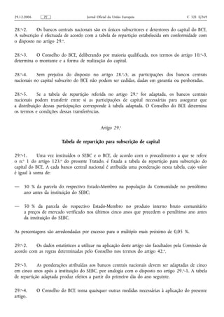 29.12.2006      PT                   Jornal Oficial da União Europeia                    C 321 E/269


28.o-2.    Os bancos centrais nacionais são os únicos subscritores e detentores do capital do BCE.
A subscrição é efectuada de acordo com a tabela de repartição estabelecida em conformidade com
o disposto no artigo 29.o.

28.o-3.    O Conselho do BCE, deliberando por maioria qualificada, nos termos do artigo 10. o-3,
determina o montante e a forma de realização do capital.

28.o-4.    Sem prejuízo do disposto no artigo 28.o-5, as participações dos bancos centrais
nacionais no capital subscrito do BCE não podem ser cedidas, dadas em garantia ou penhoradas.

28.o-5.     Se a tabela de repartição referida no artigo 29.o for adaptada, os bancos centrais
nacionais podem transferir entre si as participações de capital necessárias para assegurar que
a distribuição dessas participações corresponde à tabela adaptada. O Conselho do BCE determina
os termos e condições dessas transferências.


                                              Artigo 29.o

                         Tabela de repartição para subscrição de capital

29.o-1.     Uma vez instituídos o SEBC e o BCE, de acordo com o procedimento a que se refere
o n. 1 do artigo 123.o do presente Tratado, é fixada a tabela de repartição para subscrição do
     o

capital do BCE. A cada banco central nacional é atribuída uma ponderação nesta tabela, cujo valor
é igual à soma de:

—    50 % da parcela do respectivo Estado-Membro na população da Comunidade no penúltimo
     ano antes da instituição do SEBC;

—    50 % da parcela do respectivo Estado-Membro no produto interno bruto comunitário
     a preços de mercado verificado nos últimos cinco anos que precedem o penúltimo ano antes
     da instituição do SEBC.

As percentagens são arredondadas por excesso para o múltiplo mais próximo de 0,05 %.

29.o-2.   Os dados estatísticos a utilizar na aplicação deste artigo são facultados pela Comissão de
acordo com as regras determinadas pelo Conselho nos termos do artigo 42. o.

29.o-3.     As ponderações atribuídas aos bancos centrais nacionais devem ser adaptadas de cinco
em cinco anos após a instituição do SEBC, por analogia com o disposto no artigo 29. o-1. A tabela
de repartição adaptada produz efeitos a partir do primeiro dia do ano seguinte.

29.o-4.      O Conselho do BCE toma quaisquer outras medidas necessárias à aplicação do presente
artigo.
 