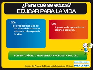 ¿Para qué se educa? EDUCAR PARA LA VIDA Síntesis del Proceso de Debate en la Provincia de Córdoba CPE A pesar de la oposic...