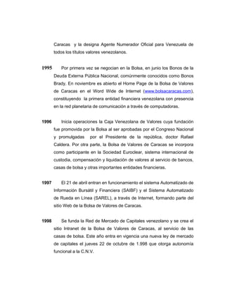 Caracas y la designa Agente Numerador Oficial para Venezuela de 
todos los títulos valores venezolanos. 
1995 Por primera vez se negocian en la Bolsa, en junio los Bonos de la 
Deuda Externa Pública Nacional, comúnmente conocidos como Bonos 
Brady. En noviembre es abierto el Home Page de la Bolsa de Valores 
de Caracas en el Word Wide de Internet (www.bolsacaracas.com), 
constituyendo la primera entidad financiera venezolana con presencia 
en la red planetaria de comunicación a través de computadoras. 
1996 Inicia operaciones la Caja Venezolana de Valores cuya fundación 
fue promovida por la Bolsa al ser aprobadas por el Congreso Nacional 
y promulgadas por el Presidente de la república, doctor Rafael 
Caldera. Por otra parte, la Bolsa de Valores de Caracas se incorpora 
como participante en la Sociedad Euroclear, sistema internacional de 
custodia, compensación y liquidación de valores al servicio de bancos, 
casas de bolsa y otras importantes entidades financieras. 
1997 El 21 de abril entran en funcionamiento el sistema Automatizado de 
Información Bursátil y Financiera (SAIBF) y el Sistema Automatizado 
de Rueda en Línea (SAREL), a través de Internet, formando parte del 
sitio Web de la Bolsa de Valores de Caracas. 
1998 Se funda la Red de Mercado de Capitales venezolano y se crea el 
sitio Intranet de la Bolsa de Valores de Caracas, al servicio de las 
casas de bolsa. Este año entra en vigencia una nueva ley de mercado 
de capitales el jueves 22 de octubre de 1.998 que otorga autonomía 
funcional a la C.N.V. 
 
