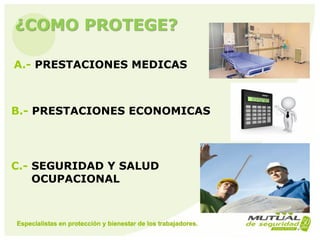 ¿COMO PROTEGE?
51
B.- PRESTACIONES ECONOMICAS
A.- PRESTACIONES MEDICAS
C.- SEGURIDAD Y SALUD
OCUPACIONAL
 