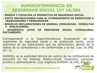SUPERINTENDENCIA DE
SEGURIDAD SOCIAL LEY 16.395
- REGULA Y FISCALIZA LA NORMATIVA DE SEGURIDAD SOCIAL
- EMITE INSTRUCCIONES PARA EL OTORGAMIENTO DE BENEFICIOS A
TRABAJADORES Y PENSIONADOS
- RESUELVE RECLAMACIONES EN GENERAL (DENUNCIAS, CONSULTAS
Y APELACIONES)
- INTERPRETA LEYES DE PREVISION SOCIAL (CIRCULARES,
DICTAMENES)
Corresponderá a la Superintendencia fiscalización de los
regímenes de seguridad social y de protección social, como
asimismo de las instituciones que los administren, dentro de la
esfera de su competencia y en conformidad a la ley. (Ley 16.395,
art. 1).
SUSESO, es la autoridad técnica de control de las instituciones de
previsión en los órdenes médico-social, financiero, actuarial,
jurídico y administrativo. (Ley orgánica SUSESO 16.395, art. 3°).
 