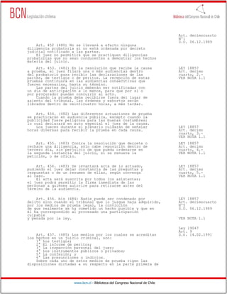 Art. decimocuarto
                                                                              Nº1
                                                                              D.O. 06.12.1989
    Art. 452 (480) No se llevará a efecto ninguna
diligencia probatoria si no está ordenada por decreto
judicial notificado a las partes.
    El juez no permitirá que se practiquen diligencias
probatorias que no sean conducentes a demostrar los hechos
materia del juicio.
    Art. 453. (481) En la resolución que recibe la causa                      LEY 18857
a prueba, el juez fijará una o más audiencias dentro                          Art. decimo
del probatorio para recibir las declaraciones de las                          cuarto, 2.-
partes, de testigos o de peritos. La recepción de estas                       VER NOTA 1.1
pruebas continuará en las audiencias consecutivas que
fueren necesarias, hasta su término.
    Las partes del juicio deberán ser notificadas con
un día de anticipación a lo menos, para que por sí o
por procurador puedan concurrir al acto.
    Cuando la prueba deba recibirse fuera del lugar de
asiento del tribunal, las órdenes y exhortos serán
librados dentro de veinticuatro horas, a más tardar.

    Art. 454. (482) Las diferentes actuaciones de prueba
se practicarán en audiencia pública, excepto cuando la
publicidad fuere peligrosa para las buenas costumbres;
lo cual declarará en auto especial el juez de la causa.
    Los jueces durante el plenario cuidarán de señalar                        LEY 18857
horas diversas para recibir la prueba en cada causa.                          Art. decimo
                                                                              cuarto, 3.-
                                                                              VER NOTA 1.1
    Art. 455. (483) Contra la resolución que decrete o                        LEY 18857
rechace una diligencia, sólo cabe reposición dentro de                        Art. decimo
tercero día, sin perjuicio de que pueda ordenarse en                          cuarto, 4.-
la segunda instancia del juicio, si se renueva la                             VER NOTA 1.1
petición, o de oficio.

    Art. 456. (483) Se levantará acta de lo actuado,                          LEY 18857
pudiendo el juez dejar constancia de las preguntas y                          Art. decimo
respuestas o de un resumen de ellas, según convenga                           cuarto, 5.-
al caso.                                                                      VER NOTA 1.1
    El acta será suscrita por todos los asistentes;
el juez podrá permitir la firma inmediata de las
personas a quienes autorice para retirarse antes del
término de la audiencia.

    Art. 456. bis (484) Nadie puede ser condenado por                         LEY 18857
delito sino cuando el tribunal que lo juzgue haya adquirido,                  Art. decimocuarto
por los medios de prueba legal, la convicción                                 Nº5
de que realmente se ha cometido un hecho punible y que en                     D.O. 06.12.1989
él ha correspondido al procesado una participación
culpable
y penada por la ley.                                                          VER NOTA 1.1

                                                                              Ley 19047
                                                                              Art. 9
    Art. 457. (485) Los medios por los cuales se acreditan                    D.O. 14.02.1991
los hechos en un juicio criminal, son:
    1° Los testigos;
    2° El informe de peritos;
    3° La inspección personal del juez;
    4° Los instrumentos públicos o privados;
    5° La confesión; y
    6° Las presunciones o indicios.
    Sobre cada uno de estos medios de prueba rigen las
disposiciones dictadas a su respecto en la parte primera de




                     www.bcn.cl - Biblioteca del Congreso Nacional de Chile
 