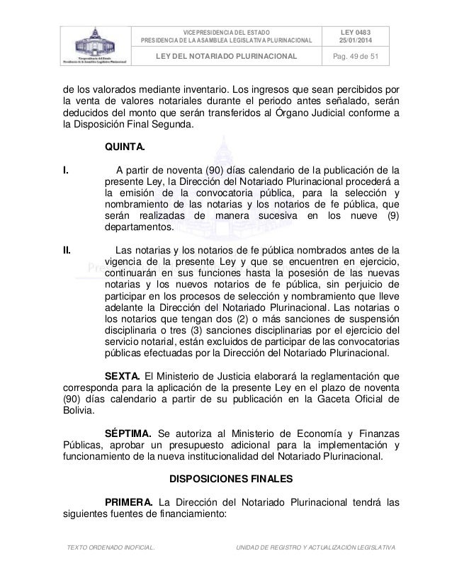 Ley 0483 del Notariado del Estado Plurinacional de Bolivia