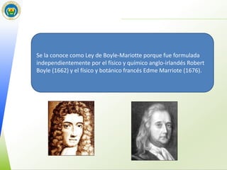 Se la conoce como Ley de Boyle-Mariotte porque fue formulada
independientemente por el físico y químico anglo-irlandés Robert
Boyle (1662) y el físico y botánico francés Edme Marriote (1676).
 