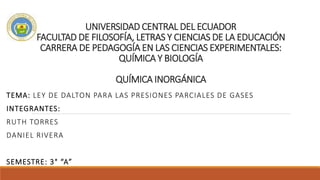 UNIVERSIDAD CENTRAL DEL ECUADOR
FACULTAD DE FILOSOFÍA, LETRAS Y CIENCIAS DE LA EDUCACIÓN
CARRERA DE PEDAGOGÍA EN LAS CIENCIAS EXPERIMENTALES:
QUÍMICA Y BIOLOGÍA
QUÍMICA INORGÁNICA
TEMA: LEY DE DALTON PARA LAS PRESIONES PARCIALES DE GASES
INTEGRANTES:
RUTH TORRES
DANIEL RIVERA
SEMESTRE: 3° “A”
 
