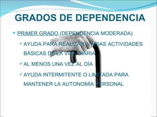 GRADOS DE DEPENDENCIA PRIMER GRADO  (DEPENDENCIA MODERADA) AYUDA PARA REALIZAR  VARIAS ACTIVIDADES BÁSICAS DE LA VIDA DIARIA AL MENOS UNA VEZ AL DÍA AYUDA INTERMITENTE O LIMITADA PARA MANTENER LA AUTONOMÍA PERSONAL 
