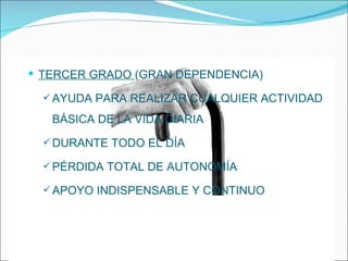 TERCER GRADO  (GRAN DEPENDENCIA) AYUDA PARA REALIZAR CUALQUIER ACTIVIDAD BÁSICA DE LA VIDA DIARIA DURANTE TODO EL DÍA PÉRDIDA TOTAL DE AUTONOMÍA APOYO INDISPENSABLE Y CONTINUO 
