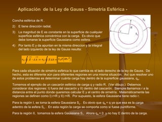 Aplicación  de la Ley de Gauss - Simetría Esférica - Concha esférica de R . E tiene dirección radial, La magnitud de E es constante en la superficie de cualquier superficie esférica concéntrica con la carga.  Es obvio que debe tomarse la superficie Gaussiana como esfera. Por tanto E y da apuntan en la misma direccion y la integral del lado izquierdo de la ley de Gauss resulta: Para cada situación de simetría esférica lo que cambia es el lado derecho de la ley de Gauss.  De hecho, esta es diferente aún para diferentes regiones en una misma situación.  Así que resolver uno de estos problemas es determinar cuánta carga hay dentro de la suprerficie gaussiana, q N . Tomemos el ejemplo de un cascarón esférico de carga q y radio R.  (Ver dibujo.)  Debemos considerar dos regiones: I) fuera del cascarón y II) dentro del cascarón.  Siempre llamamos r a la distancia entre el punto donde queremos calcular E y el centro de simetría.  Matemáticamente las regiones se definen como I) r>R y II) r<R.  Por supuesto, la esfera Gaussiana tiene radio r. Para la región I, se toma la esfera Gaussiana S 2  .  Es obvio que   q N  = q ya que esa es la carga adentro de la esfera S 2  .  En esta región la carga se comporta como si fuese puntiforme.  Para la región II,  tomamos la esfera Gaussiana S 1 .  Ahora q N  = 0  y no hay E dentro de la carga. 