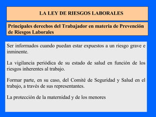 LA LEY DE RIESGOS LABORALES Principales derechos del Trabajador en materia de Prevención de Riesgos Laborales Ser informados cuando puedan estar expuestos a un riesgo grave e inminente. La vigilancia periódica de su estado de salud en función de los riesgos inherentes al trabajo. Formar parte, en su caso, del Comité de Seguridad y Salud en el trabajo, a través de sus representantes. La protección de la maternidad y de los menores 