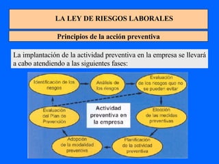 LA LEY DE RIESGOS LABORALES Principios de la acción preventiva La implantación de la actividad preventiva en la empresa se llevará a cabo atendiendo a las siguientes fases: 