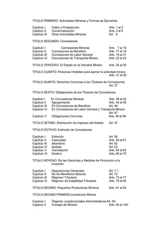 TITULO PRIMERO: Actividades Mineras y Formas de Ejercerlas
Capítulo I Cateo y Prospección Arts. 1 al 2
Capítulo II Comercialización Arts. 3 al 5
Capítulo III Otras Actividades Mineras Art. 6
TITULO SEGUNDO: Concesiones
Capítulo I Concesiones Mineras Arts. 7 al 16
Capítulo II Concesiones de Beneficio Arts. 17 al 18
Capítulo III Concesiones de Labor General Arts. 19 al 21
Capítulo IV Concesiones de Transporte Minero Arts. 22 al 23
TITULO TERCERO: El Estado en la Industria Minera Arts. 24 al 30
TITULO CUARTO: Personas Inhábiles para ejercer la actividad minera
Arts. 31 al 36
TITULO QUINTO: Derechos Comunes a los Titulares de Concesiones
Art. 37
TITULO SEXTO: Obligaciones de los Titulares de Concesiones
Capítulo I En Concesiones Mineras Arts. 38 al 43
Capítulo II Agrupamiento Arts. 44 al 45
Capítulo III En Concesiones de Beneficio Art. 46
Capítulo IV En Concesiones de Labor General y Transporte Minero
Art. 47
Capítulo V Obligaciones Comunes Arts. 48 al 56
TITULO SETIMO: Distribución de Ingresos del Estado Art. 57
TITULO OCTAVO: Extinción de Concesiones
Capítulo I Extinción Art. 58
Capítulo II Caducidad Arts. 59 al 61
Capítulo III Abandono Art. 62
Capítulo IV Nulidad Art. 63
Capítulo V Cancelación Arts. 64 al 65
Capítulo VI Destino Arts. 66 al 70
TITULO NOVENO: De las Garantías y Medidas de Promoción a la
Inversión
Capítulo I Disposiciones Generales Art. 7 1
Capítulo II De los Beneficios Básicos Art. 72
Capítulo III Régimen Tributario Arts. 73 al 77
Capítulo IV Régimen de Estabilidad Tributaria Arts. 78 al 90
TITULO DECIMO: Pequeños Productores Mineros Arts. 91 al 92
TITULO DECIMO PRIMEROJurisdicción Minera
Capítulo I Órganos Jurisdiccionales Administrativos Art. 93
Capítulo II Consejo de Minería Arts. 94 al 100
 