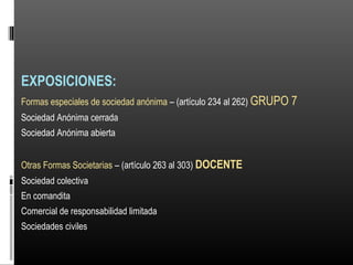 EXPOSICIONES:
Formas especiales de sociedad anónima – (artículo 234 al 262) GRUPO 7
Sociedad Anónima cerrada
Sociedad Anónima abierta
Otras Formas Societarias – (artículo 263 al 303) DOCENTE
Sociedad colectiva
En comandita
Comercial de responsabilidad limitada
Sociedades civiles
 