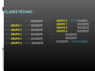CLASES FECHAS :
14/09 Y 15/09 DOCENTE
21/09 GRUPO 1 Y 22/09 DOCENTE
28/09 GRUPO 2 Y 29/09 DOCENTE
05/10 GRUPO 3 Y 06/10 DOCENTE
12/10 GRUPO 4 Y 13/10 DOCENTE
19/10 GRUPO 5 Y 20/10 DOCENTE
26/1026/10 GRUPO 6GRUPO 6 YY 27/1027/10 EXAMENEXAMEN
02/1102/11 GRUPO 7GRUPO 7 Y 03/11Y 03/11 DOCENTEDOCENTE
09/1109/11 GRUPO 8GRUPO 8 Y 10/11Y 10/11 DOCENTEDOCENTE
16/1116/11 GRUPO 9GRUPO 9 Y 17/11Y 17/11 DOCENTEDOCENTE
23/11 Y 24/1123/11 Y 24/11 DOCENTEDOCENTE
30/11 Y 01/1230/11 Y 01/12 DOCENTEDOCENTE
07/1207/12 DOCENTEDOCENTE YY 14/12 EXAMEN14/12 EXAMEN
 