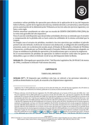 www.sar.gob.hn
Edificio Cuerpo Bajo “A’’, Centro Cívico Gubernamental José Cecilio del Valle, Bulevar Juan Pablo II, Diagonal República de Corea, Teléfono: (504)-2216-5800.
Edificio Gabriel A. Mejía, Colonia Palmira, costado oeste de la Embajada Americana, Teléfonos: (504)-2238-2525, (504)-2221-5594.
Tegucigalpa M.D.C., Honduras.
económico sufran pérdidas de operación para efectos de la aplicación de la Ley del Impuesto
Sobre la Renta, a partir de la vigencia de esta Ley, tendrán derecho a arrastrarlas y amortizarlas
previa autorización de la Administración Tributaria en los tres años de ejercicio siguiente y en
base a esta regla:
Podrán amortizar anualmente un valor que no exceda de CIENTO CINCUENTA POR (50%) de
la renta neta gravable del año impositivo.
Para el caso de contribuyentes que desarrollan actividades diversas se entiende que el arrastre
y compensación de la pérdida sólo se hará contra las utilidades de la misma actividad que la
originó.
En ningún caso el arrastre de pérdidas, excederá a los tres ejercicios que establece el párrafo
primero de este Artículo. A efecto de reconocer esta deducción, es obligación del contribuyente
presentar, junto con su declaración jurada anual, el Estado de Resultados o Estado de Pérdidas
y Ganancias, certificado por un Perito Mercantil y Contador Público, debidamente colegiado, en
el que se establezca la pérdida de operación y las justificaciones que a su juicio la originaron.
En el reconocimiento de pérdidas de operación no deberá incluirse como tales los gastos no
deducibles a que se refiere el Artículo 12 de la Ley del Impuesto Sobre la Renta.
Artículo 21.- (Derogado por oposición al Art. 7 del Decreto Legislativo No.18-90 del 3 de marzo
de 1990, y mediante el Artículo 9 del mismo decreto)
CAPITULO VI
TARIFA DEL IMPUESTO
Artículo 2215.- El Impuesto que establece esta Ley, se cobrará a las personas naturales y
jurídicas domiciliadas en el país, de acuerdo a las disposiciones siguientes:
Legislativo No.17-2010 publicado en La Gaceta el 22 de abril del 2010; Art. 195 del Decreto Legislativo No.170-2016 en
cuanto al órgano que administra los tributos, publicado en La Gaceta el 28 de diciembre del 2016.
15 Últimas reformas: Art.10 del Decreto Legislativo No.194-2002 publicado en La Gaceta el 05 de junio del 2002; Art. 1 del
Decreto Legislativo No.51-2003 publicado en La Gaceta el 10 de abril del 2003; Art. 1 del Decreto Legislativo No.140-2008
publicado en La Gaceta el 06 de diciembre del 2008; Art. 8 del Decreto Legislativo No.278-2013 publicado en La Gaceta el 30
de diciembre del 2013; Art. 7 del Decreto Legislativo No.290-2013 publicado en La Gaceta el 05 de abril del 2014; Art. 1 del
Decreto Legislativo No.140-2008 mediante el Acuerdo DEI-SG-100-2015 publicado en La Gaceta el 24 de junio del 2015; Art.
1 del Decreto Legislativo No.20-2016 publicado en La Gaceta el 30 de marzo del 2016; Actualización de la escala progresiva
mediante el Comunicado con base en el Decreto Legislativo No.20-2016; Actualización de la escala progresiva mediante el
Acuerdo SAR-009-2018 publicado en La Gaceta el 12 de enero del 2018; Actualización de la escala progresiva mediante el
Acuerdo SAR-015-2019 publicado en La Gaceta el 09 de enero del 2019 para el pago de este impuesto en el período fiscal
2019; Actualización de escala progresiva mediante el Acuerdo SAR-014-2020 publicado en La Gaceta el 04 de febrero del del
2020 para el pago de este impuesto en el período fiscal 2020; Actualización de escala progresiva mediante el Acuerdo SAR-
022-2021 publicado en La Gaceta el 14 de enero del 2021 para el pago de este impuesto en el período fiscal 2021. El literal
c) fue adicionado por el Art. 8 del Decreto 278-2013, siendo reformado por el Art. 7 del Decreto 290-2013 el cual fue
 