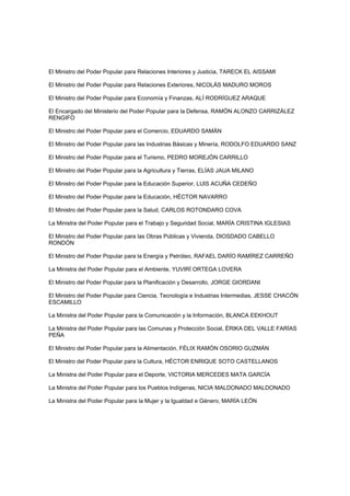 El Ministro del Poder Popular para Relaciones Interiores y Justicia, TARECK EL AISSAMI
El Ministro del Poder Popular para Relaciones Exteriores, NICOLÁS MADURO MOROS
El Ministro del Poder Popular para Economía y Finanzas, ALÍ RODRÍGUEZ ARAQUE
El Encargado del Ministerio del Poder Popular para la Defensa, RAMÓN ALONZO CARRIZÁLEZ
RENGIFO
El Ministro del Poder Popular para el Comercio, EDUARDO SAMÁN
El Ministro del Poder Popular para las Industrias Básicas y Minería, RODOLFO EDUARDO SANZ
El Ministro del Poder Popular para el Turismo, PEDRO MOREJÓN CARRILLO
El Ministro del Poder Popular para la Agricultura y Tierras, ELÍAS JAUA MILANO
El Ministro del Poder Popular para la Educación Superior, LUIS ACUÑA CEDEÑO
El Ministro del Poder Popular para la Educación, HÉCTOR NAVARRO
El Ministro del Poder Popular para la Salud, CARLOS ROTONDARO COVA
La Ministra del Poder Popular para el Trabajo y Seguridad Social, MARÍA CRISTINA IGLESIAS
El Ministro del Poder Popular para las Obras Públicas y Vivienda, DIOSDADO CABELLO
RONDÓN
El Ministro del Poder Popular para la Energía y Petróleo, RAFAEL DARÍO RAMÍREZ CARREÑO
La Ministra del Poder Popular para el Ambiente, YUVIRÍ ORTEGA LOVERA
El Ministro del Poder Popular para la Planificación y Desarrollo, JORGE GIORDANI
El Ministro del Poder Popular para Ciencia, Tecnología e Industrias Intermedias, JESSE CHACÓN
ESCAMILLO
La Ministra del Poder Popular para la Comunicación y la Información, BLANCA EEKHOUT
La Ministra del Poder Popular para las Comunas y Protección Social, ÉRIKA DEL VALLE FARÍAS
PEÑA
El Ministro del Poder Popular para la Alimentación, FÉLIX RAMÓN OSORIO GUZMÁN
El Ministro del Poder Popular para la Cultura, HÉCTOR ENRIQUE SOTO CASTELLANOS
La Ministra del Poder Popular para el Deporte, VICTORIA MERCEDES MATA GARCÍA
La Ministra del Poder Popular para los Pueblos Indígenas, NICIA MALDONADO MALDONADO
La Ministra del Poder Popular para la Mujer y la Igualdad e Género, MARÍA LEÓN
 