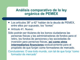 Análisis comparativo de la ley orgánica de PEMEX Los artículos 38° a 42° hablan de la deuda de PEMEX, entre ellos por supuesto, los “bonos” Artículo 41. Nuevo: Sólo podrán ser titulares de los bonos ciudadanos las personas físicas y las administradoras de fondos para el retiro, los fondos de pensiones y las sociedades de inversión para personas físicas,  así como otros intermediarios financieros  exclusivamente para el propósito de que funjan como formadores de mercado. Conclusiones: O sea todo mundo, con tal de que funja “como formador de mercado”  